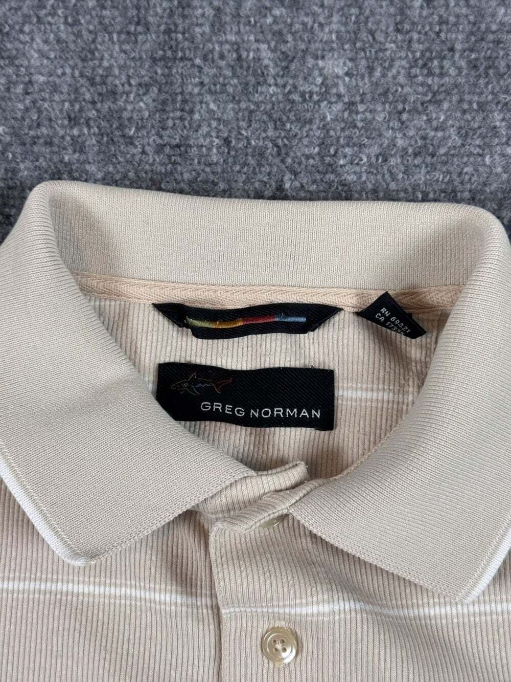 Greg Norman Beige/White Striped Cotton Short Sleeve Collared Polo Size L - Picture 3 of 9